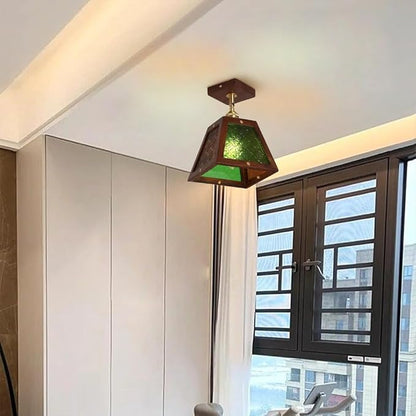 Traditional Vintage Wood Begonia Trapezoid Glass Shade 1-Light Semi-Flush Mount Ceiling Light For Living Room