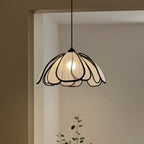Traditional Japanese Iron Linen Lotus Petal Shade 1-Light Pendant Light For Dining Room