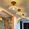 Traditional Japanese Wood Brass Flower Glass Shade 1-Light Semi-Flush Mount Ceiling Light For Bedroom