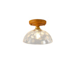 Traditional Japanese Wood Brass Flower Glass Shade 1-Light Semi-Flush Mount Ceiling Light For Bedroom