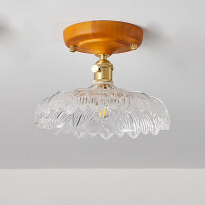 Traditional Japanese Wood Brass Flower Glass Shade 1-Light Semi-Flush Mount Ceiling Light For Bedroom