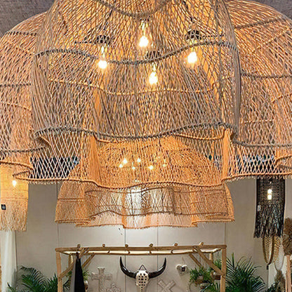 Traditional Japanese Corrugated Rattan Weaving Shade 1-light Pendant Light for Dining Room