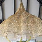 Traditional Japanese Corrugated Rattan Weaving Shade 1-light Pendant Light for Dining Room BulbSquare