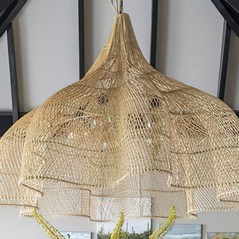 Traditional Japanese Corrugated Rattan Weaving Shade 1-light Pendant Light for Dining Room
