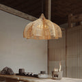 Traditional Japanese Corrugated Rattan Weaving Shade 1-light Pendant Light for Dining Room BulbSquare