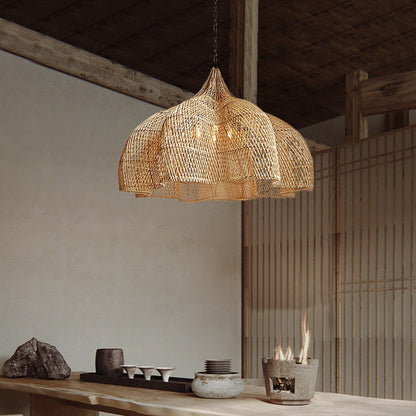 Traditional Japanese Corrugated Rattan Weaving Shade 1-light Pendant Light for Dining Room