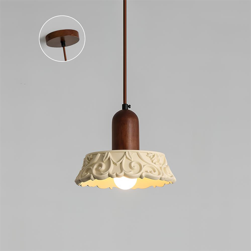 Traditional Japanese Solid Wood Flower Pattern Resin Carving Round 1-Light Pendant Light For Bedside