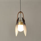 Contemporary Nordic Leather Vertical Striped Glass Round Shade 1-light Pendant Light for Bedroom