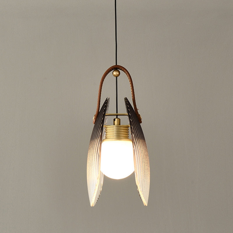 Contemporary Nordic Leather Vertical Striped Glass Round Shade 1-light Pendant Light for Bedroom