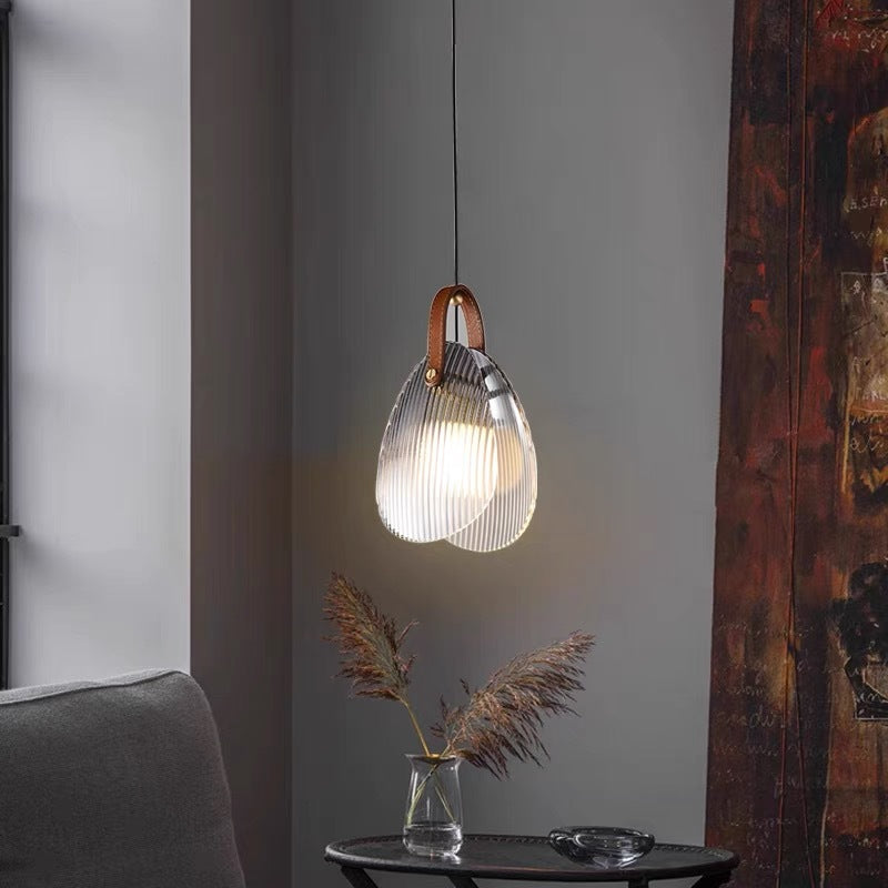 Contemporary Nordic Leather Vertical Striped Glass Round Shade 1-light Pendant Light for Bedroom
