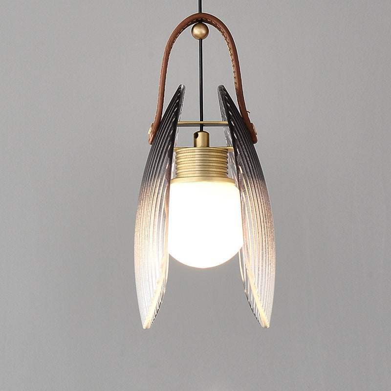 Contemporary Nordic Leather Vertical Striped Glass Round Shade 1-light Pendant Light for Bedroom