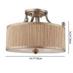 Traditional French Pleated Fabric Cylinder Shade Iron 3-Light Semi-Flush Mount Ceiling Light For Hallway