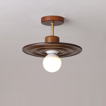 Traditional Japanese Solid Wood Ripple Umbrella Shade Glass 1-Light Semi-Flush Mount Ceiling Light For Hallway