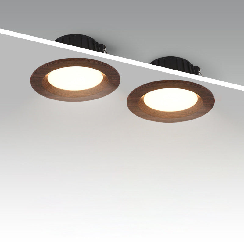 Modern Minimalist Aluminum Imitation Walnut Wood Grain Acrylic Round LED Recessed Spotlight Flush Mount Ceiling Light for Bedroom