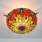 Traditional Tiffany Stained Glass Dragonfly Pattern Iron 5-Light Semi-Flush Mount Ceiling Light For Living Room