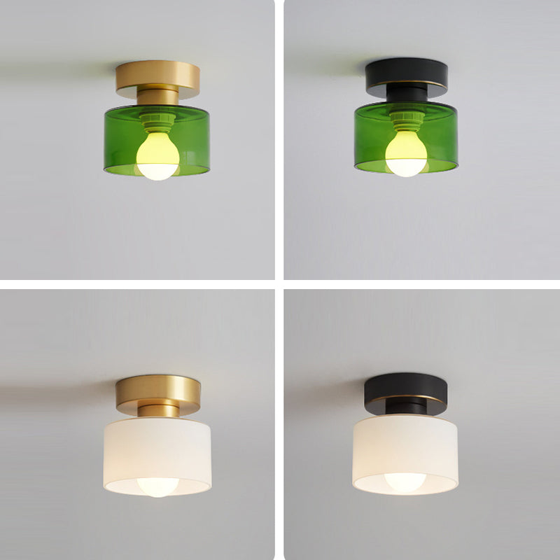 Contemporary Nordic Full Copper Glass Cylinder 1-Light Semi-Flush Mount Ceiling Light For Living Room Lumendat