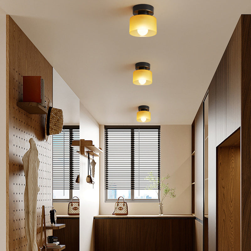 Contemporary Nordic Full Copper Glass Cylinder 1-Light Semi-Flush Mount Ceiling Light For Living Room Lumendat