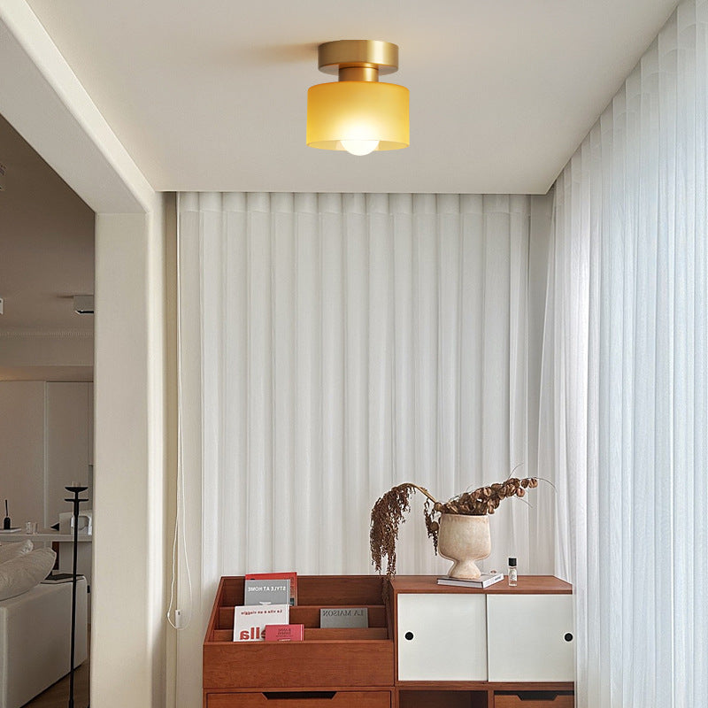 Contemporary Nordic Full Copper Glass Cylinder 1-Light Semi-Flush Mount Ceiling Light For Living Room Lumendat