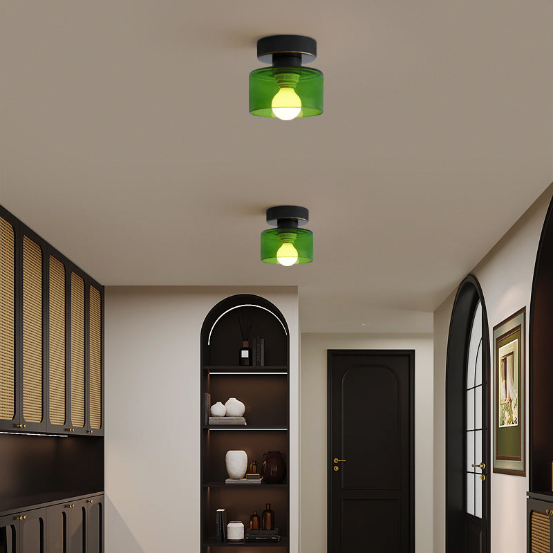 Contemporary Nordic Full Copper Glass Cylinder 1-Light Semi-Flush Mount Ceiling Light For Living Room Lumendat