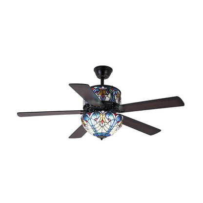 Traditional Tiffany Stained Glass Dome Shade Wood Fan Hardware 5-Light Downrods Ceiling Fan Light For Living Room