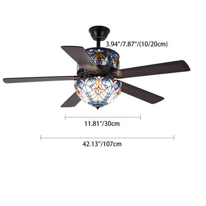 Traditional Tiffany Stained Glass Dome Shade Wood Fan Hardware 5-Light Downrods Ceiling Fan Light For Living Room