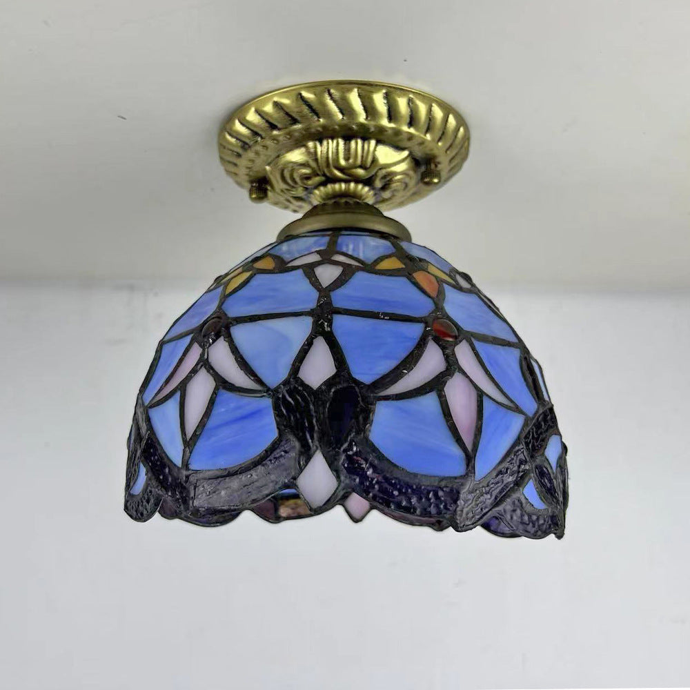 Traditional Tiffany Stained Glass Rose Flower Round Shade Resin 1-Light Semi-Flush Mount Ceiling Light For Bedroom