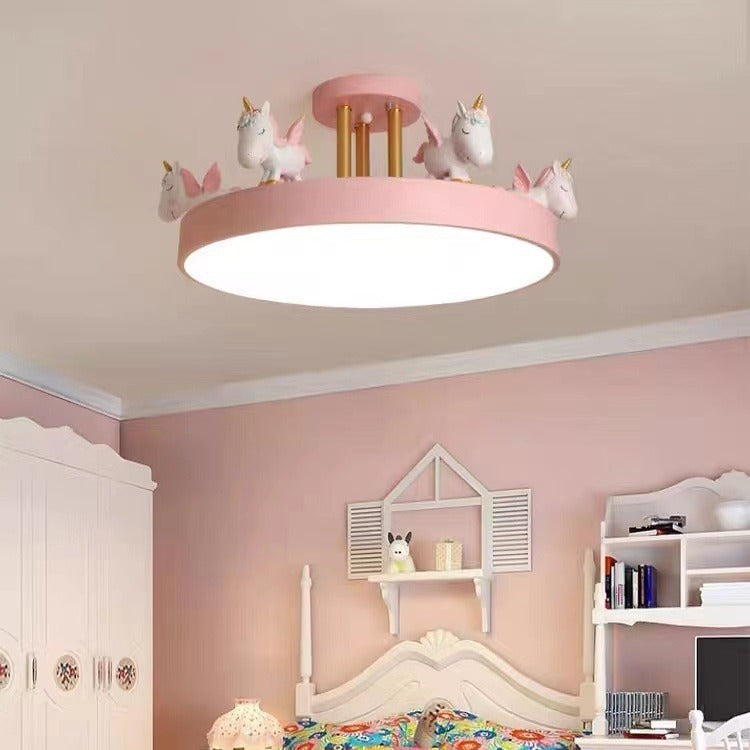 Contemporary Creative Resin Unicorn Decor Iron Acrylic Round LED Semi-Flush Mount Ceiling Light For Bedroom