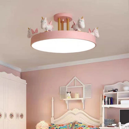 Contemporary Creative Resin Unicorn Decor Iron Acrylic Round LED Semi-Flush Mount Ceiling Light For Bedroom