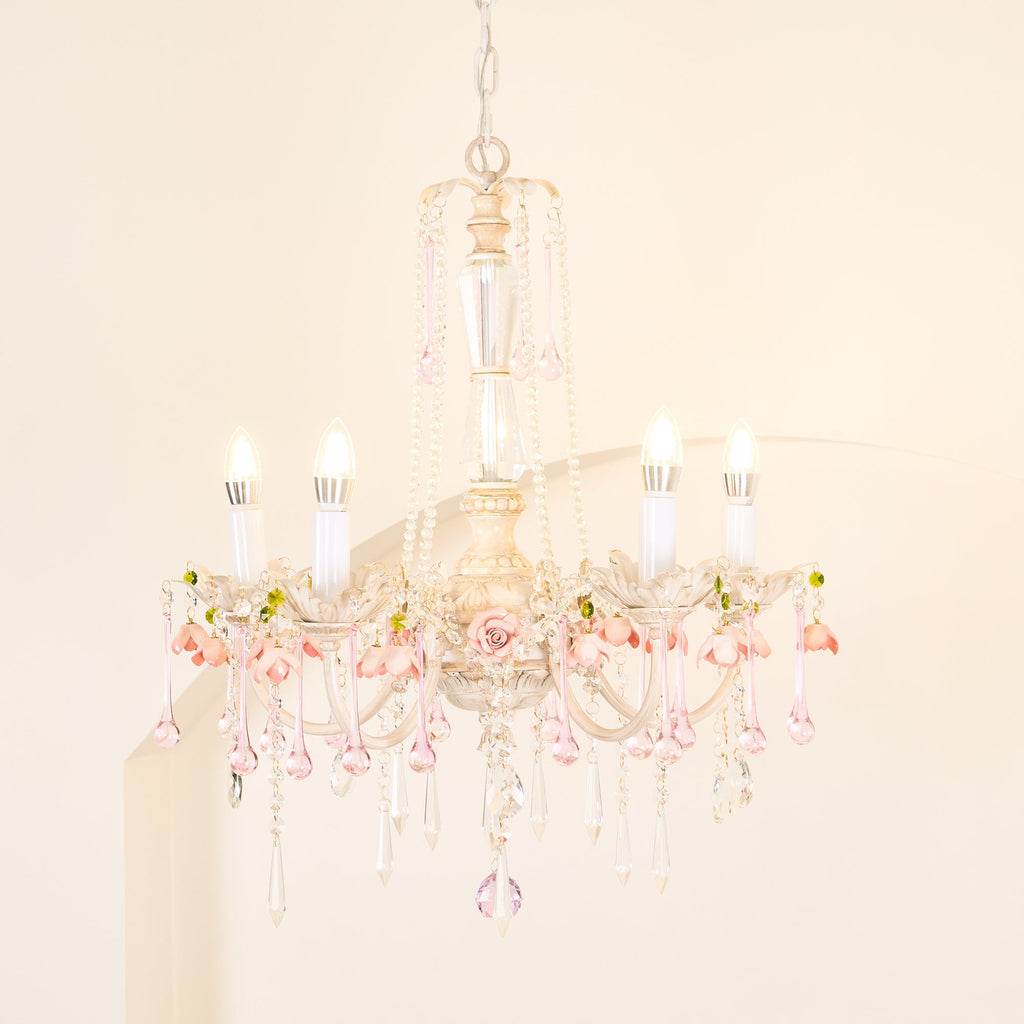 Traditional French Rose Flower Crystal Metal Candelabra 5-light Chandelier for Living Room BulbSquare