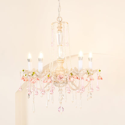 Traditional French Rose Flower Crystal Metal Candelabra 5-light Chandelier for Living Room