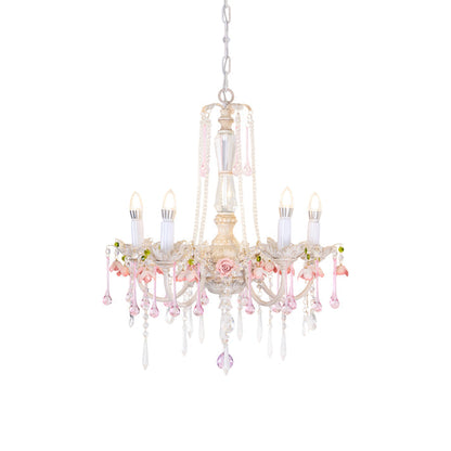 Traditional French Rose Flower Crystal Metal Candelabra 5-light Chandelier for Living Room
