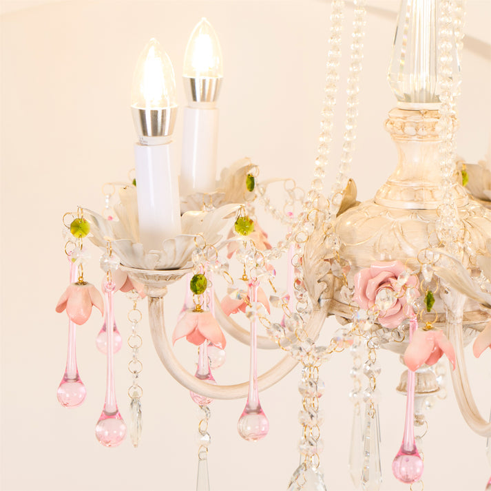 Traditional French Rose Flower Crystal Metal Candelabra 5-light Chandelier for Living Room