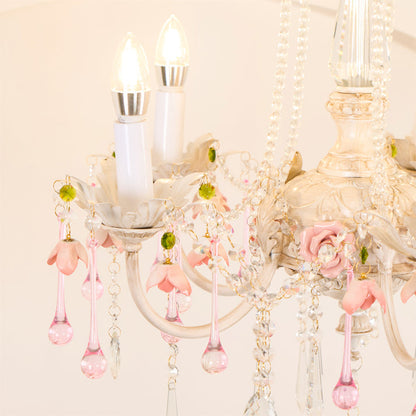 Traditional French Rose Flower Crystal Metal Candelabra 5-light Chandelier for Living Room