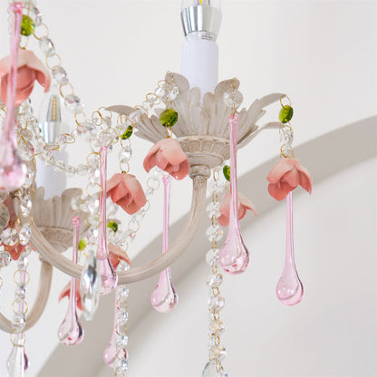 Traditional French Rose Flower Crystal Metal Candelabra 5-light Chandelier for Living Room