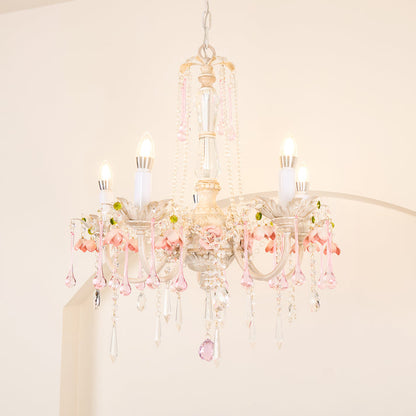 Traditional French Rose Flower Crystal Metal Candelabra 5-light Chandelier for Living Room