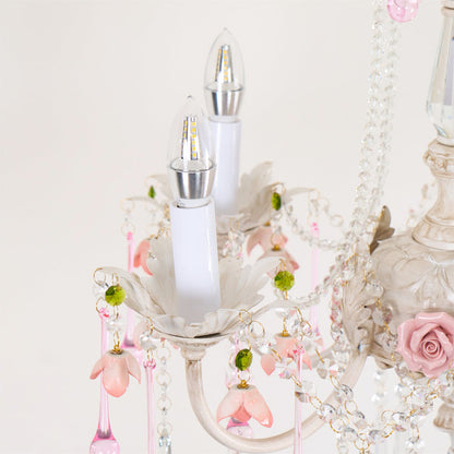 Traditional French Rose Flower Crystal Metal Candelabra 5-light Chandelier for Living Room