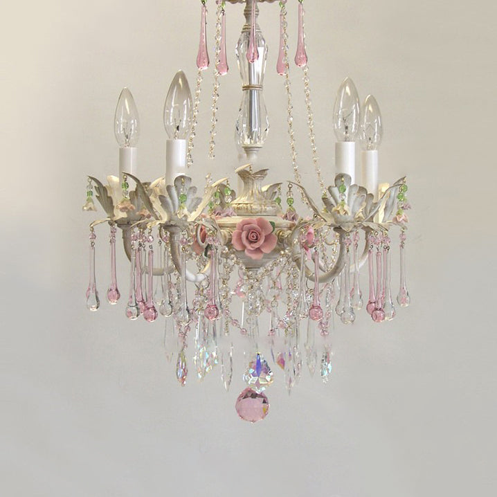 Traditional French Rose Flower Crystal Metal Candelabra 5-light Chandelier for Living Room BulbSquare