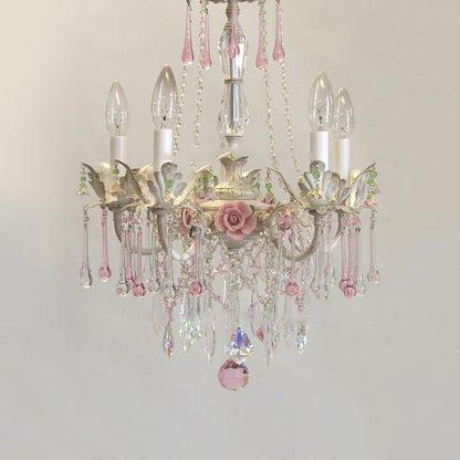 Traditional French Rose Flower Crystal Metal Candelabra 5-light Chandelier for Living Room