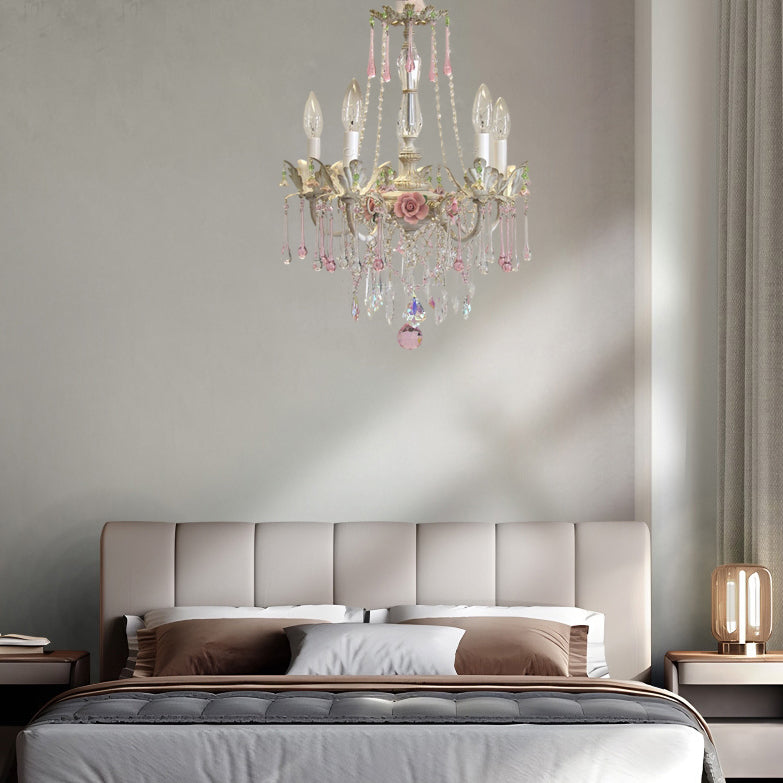 Traditional French Rose Flower Crystal Metal Candelabra 5-light Chandelier for Living Room BulbSquare