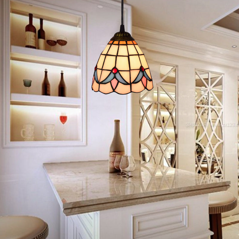 Traditional Tiffany Magnolia Flower Stained Glass Iron Round 1-light Pendant Light for Living Room