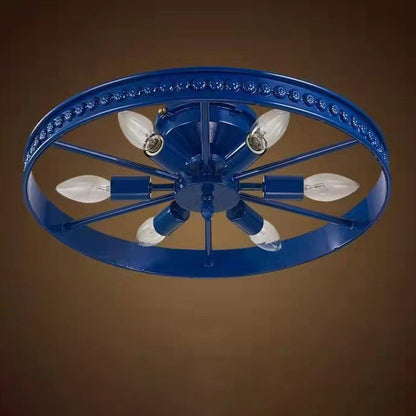 Contemporary Industrial Antique Iron Wheel Shade 6-light Flush Mount Ceiling Light for Dining Room