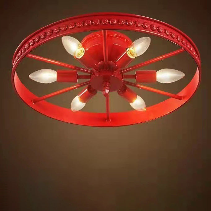 Contemporary Industrial Antique Iron Wheel Shade 6-light Flush Mount Ceiling Light for Dining Room