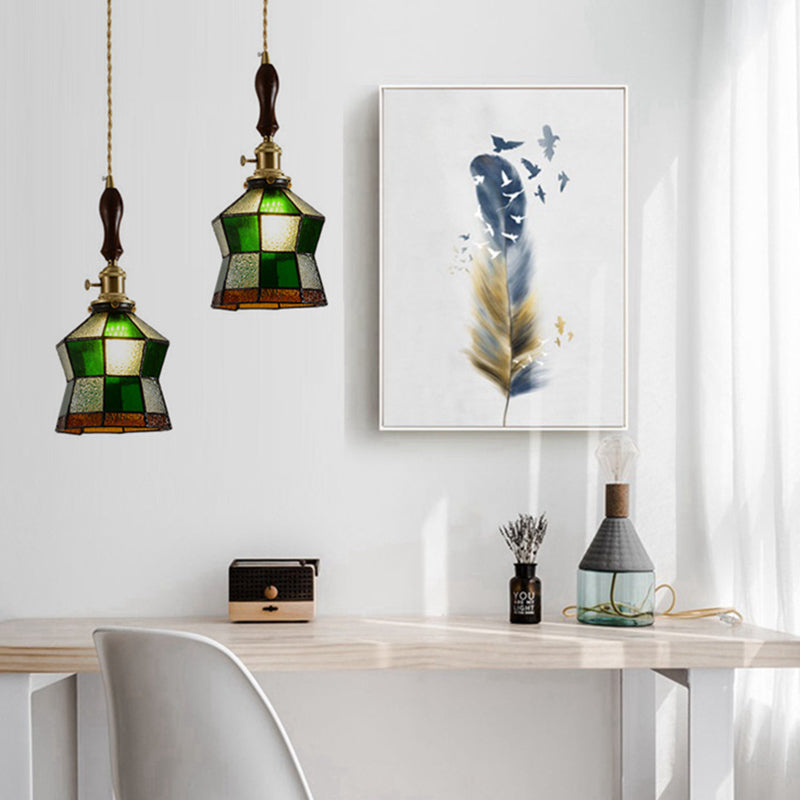 Traditional Vintage Pastoral Rhombus Water Ripple Glass Shade Solid Wood 1-Light Pendant Light For Living Room