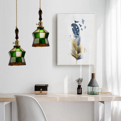 Traditional Vintage Pastoral Rhombus Water Ripple Glass Shade Solid Wood 1-Light Pendant Light For Living Room