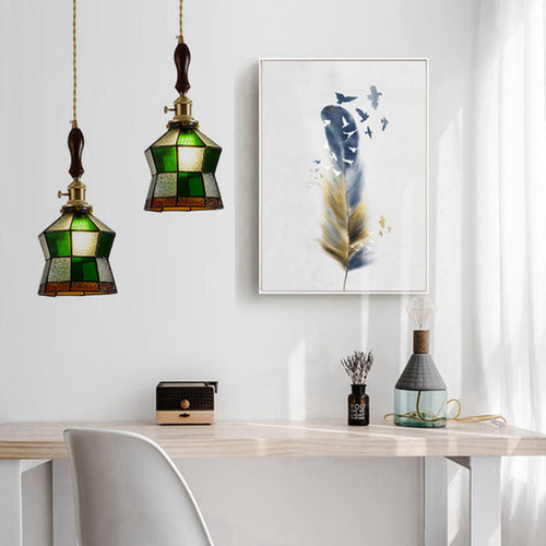 Traditional Vintage Pastoral Rhombus Water Ripple Glass Shade Solid Wood 1-Light Pendant Light For Living Room