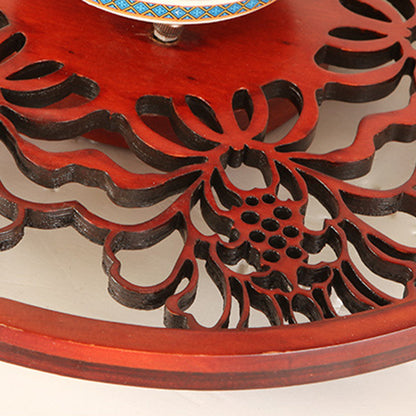 Traditional Chinese Solid Wood Engraving Flower Pattern Ceramic Ball 1-Light Semi-Flush Mount Ceiling Light For Hallway