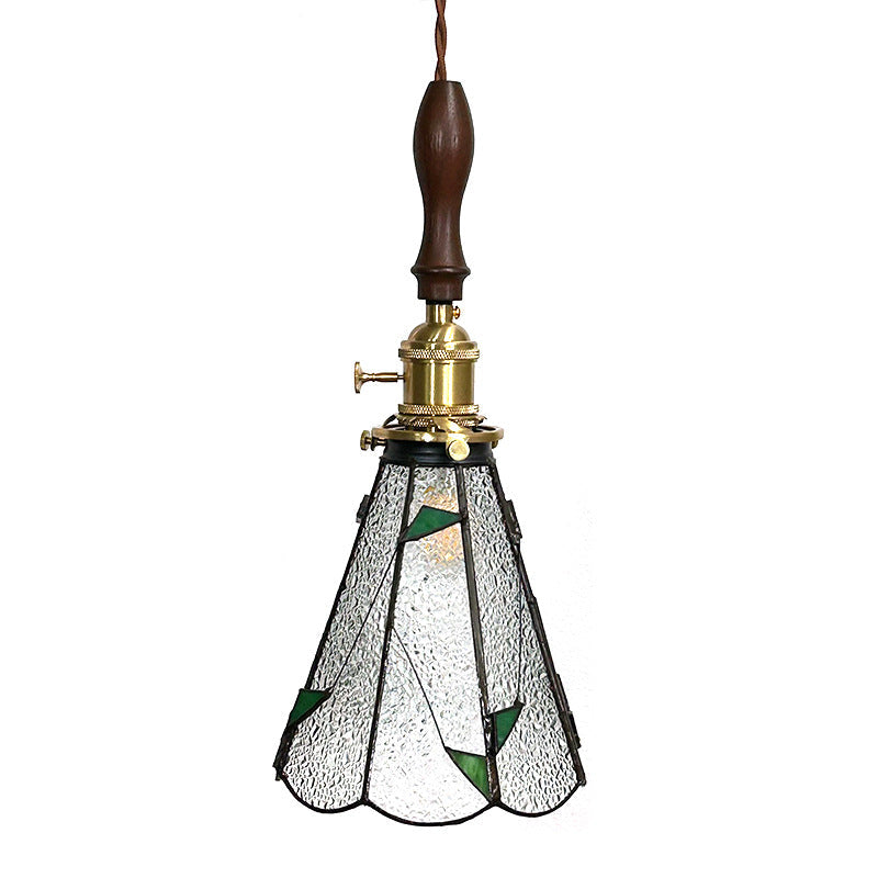 Traditional Vintage Pastoral Conical Water Ripple Glass Shade Solid Wood 1-Light Pendant Light For Living Room