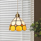 Traditional Tiffany Checkered Patchwork Stained Glass Brass 1-Light Pendant Light For Bedroom