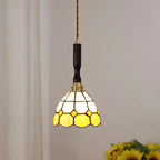 Traditional Tiffany Checkered Patchwork Stained Glass Brass 1-Light Pendant Light For Bedroom