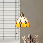Traditional Tiffany Checkered Patchwork Stained Glass Brass 1-Light Pendant Light For Bedroom